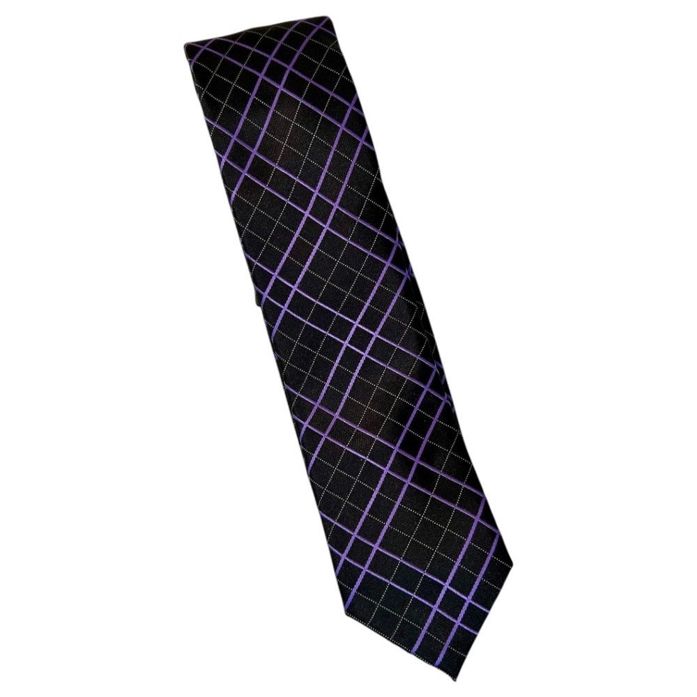 Tie Alfani Black Purple White Windowpane 100% Silk Men's Tie
